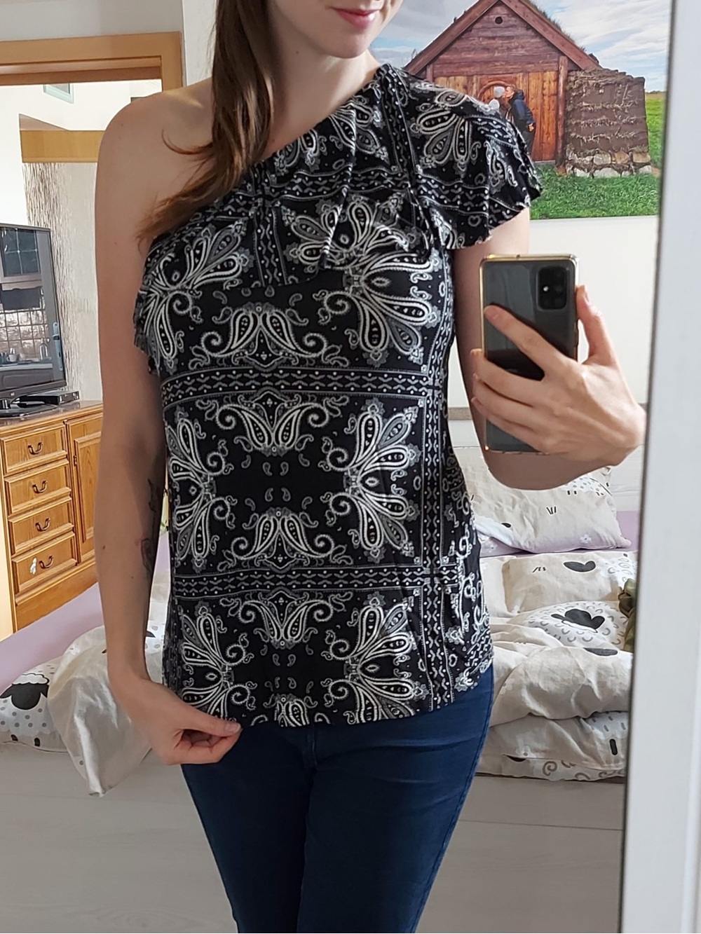 One-Shoulder Black & White Paisley Tunic Top
